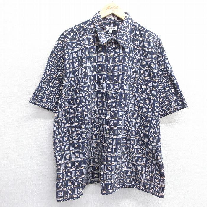 XL★古着 ピエールカルダン pierre cardin 半袖 ブランド シャツ メンズ 90年代 90s 総柄 大きいサイズ コットン 濃紺 ネイビー 25apr23 中古 トップス