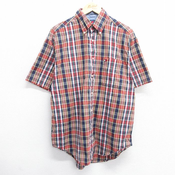 L★古着 トミーヒルフィガー TOMMY HILFIGER 半袖 ブランド シャツ メンズ 90年代 90s ワンポイントロゴ コットン ボタンダウン 赤他 レッド チェック 25apr23 中古 トップス