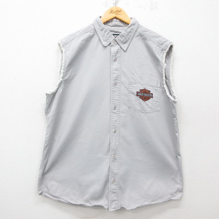 【50%OFF】XL★古着 ハーレーダビッドソン Harley Davidson ノースリーブ シャツ メンズ ビッグロゴ コットン グレー 25apr23 中古 トップス