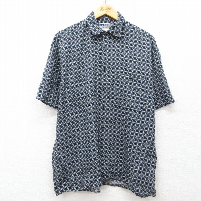 00s 半袖シャツ 総柄 ネイビー L | 古着
