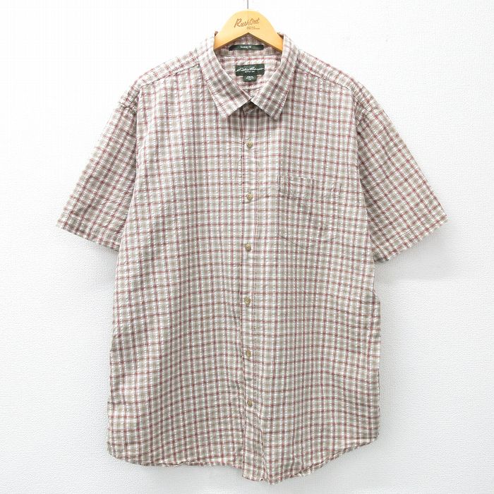 XL★古着 エディーバウアー 半袖 シャツ メンズ 大きいサイズ コットン 薄緑他 グリーン チェック 25apr23 中古 トップス