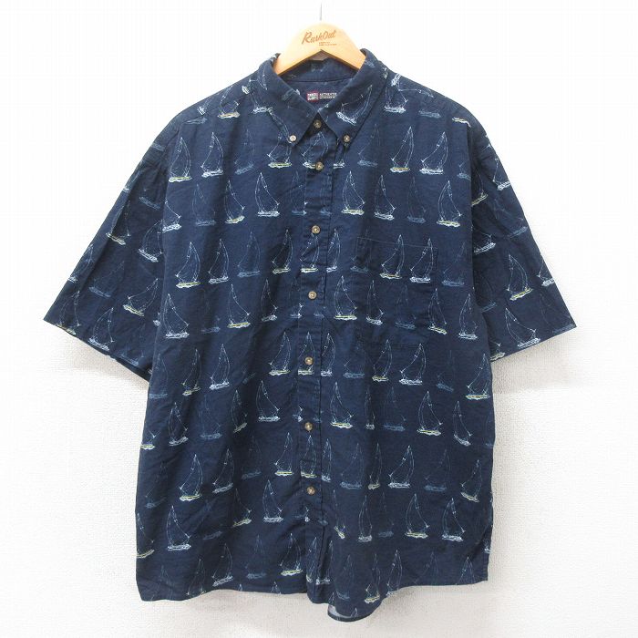 XL★古着 FADED GLORY 半袖 シャツ メンズ 00年代 00s ヨット 大きいサイズ コットン ボタンダウン 紺 ネイビー 25apr25 中古 トップス