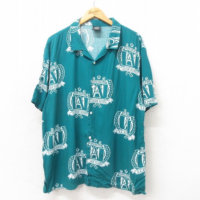 【50%OFF】XL★古着 半袖 シャツ メンズ アニメ 僕たちのヒーローアカデミア 大きいサイズ レーヨン 開襟 オープンカラー 緑 グリーン 【spe】 25apr25 中古 トップス