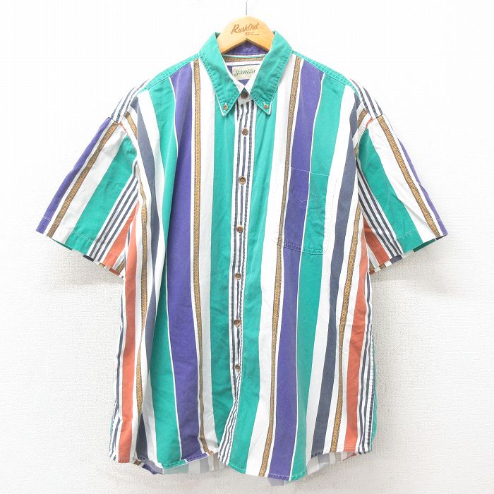 XL★古着 セントジョンズベイ 半袖 シャツ メンズ 90年代 90s 大きいサイズ コットン ボタンダウン 緑他 グリーン ストライプ 【spe】 25apr25 中古 トップス