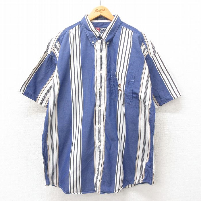 XL★古着 ラルフローレン Ralph Lauren チャップス 半袖 ブランド シャツ メンズ 90年代 90s ワンポイントロゴ 大きいサイズ ロング丈 コットン ボタンダウン 紺他 ネイビー ストライプ 25apr25 中古 トップス