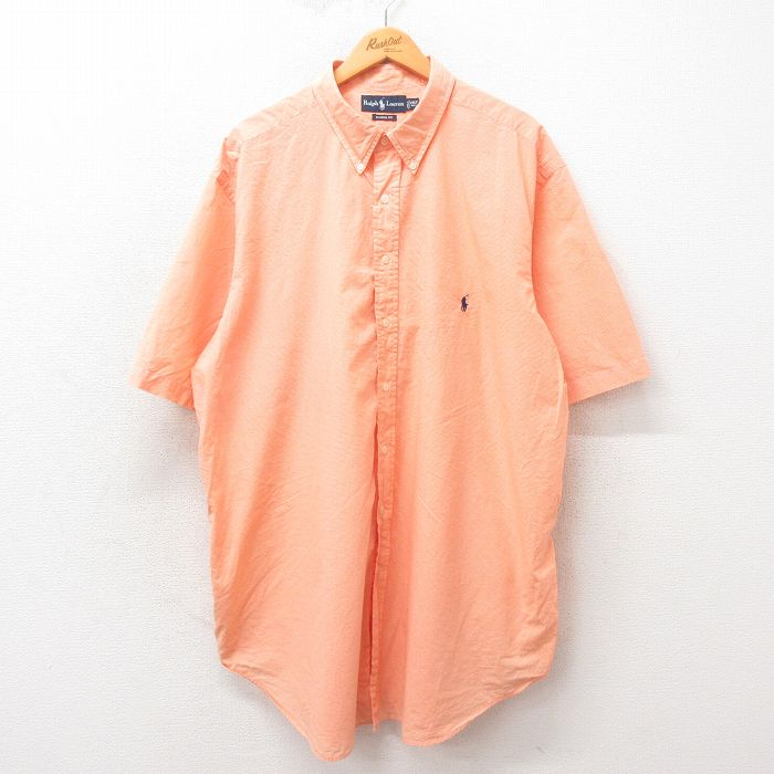 XL★古着 ラルフローレン Ralph Lauren 半袖 ブランド シャツ メンズ 90年代 90s ワンポイントロゴ 大きいサイズ ロング丈 コットン ボタンダウン オレンジ チェック 25apr25 中古 トップス