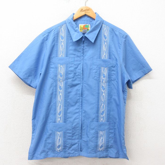 L★古着 半袖 フルジップ キューバ シャツ メンズ 90年代 90s 刺繍 薄紺 ネイビー 25apr25 中古 トップス