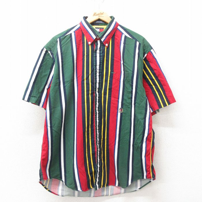 XL★古着 トミーヒルフィガー TOMMY HILFIGER 半袖 ブランド シャツ メンズ 90年代 90s ワンポイントロゴ コットン ボタンダウン 緑他 グリーン ストライプ 25apr25 中古 トップス