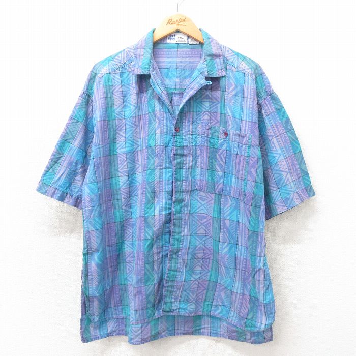 XL★古着 半袖 シャツ メンズ 90年代 90s コットン 開襟 オープンカラー 紫他 パープル 25apr25 中古 トップス