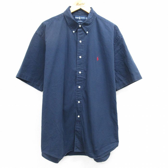 XL★古着 ラルフローレン Ralph Lauren 半袖 ブランド シャツ メンズ 90年代 90s ワンポイントロゴ BLAKE 大きいサイズ ロング丈 コットン ボタンダウン 濃紺 ネイビー 25apr25 中古 トップス