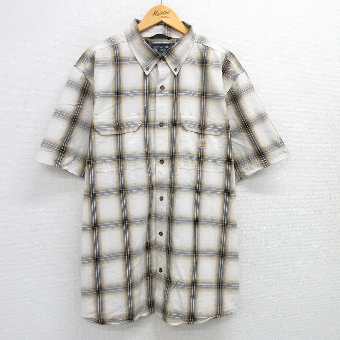 XL★古着 カーハート Carhartt 半袖 シャツ メンズ 大きいサイズ ロング丈 コットン ボタンダウン 生成り他 チェック 25apr25 中古 トップス