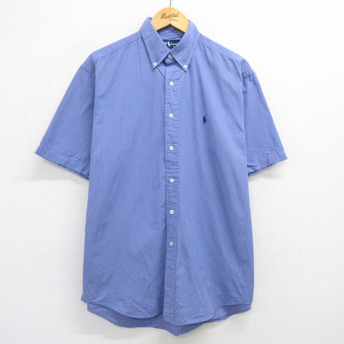 XL★古着 ラルフローレン Ralph Lauren 半袖 ブランド シャツ メンズ 90年代 90s ワンポイントロゴ BLAKE コットン ボタンダウン 薄紺他 ネイビー チェック 【spe】 25apr25 中古 トップス