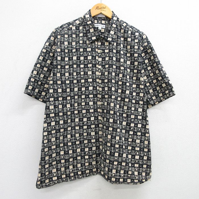 XL★古着 ピエールカルダン pierre cardin 半袖 ブランド シャツ メンズ 90年代 90s 総柄 大きいサイズ コットン 黒 ブラック 25apr25 中古 トップス
