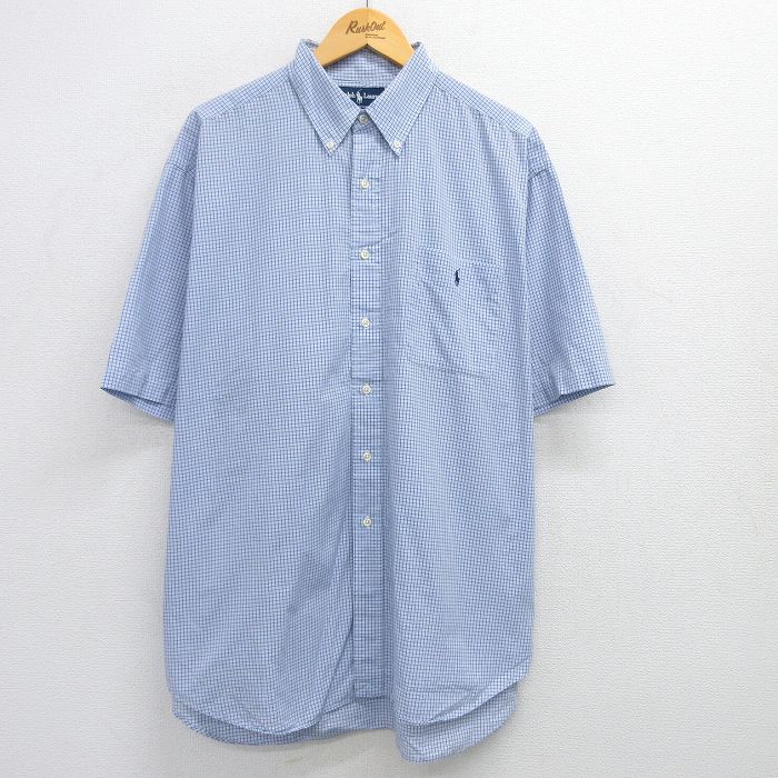 XL★古着 ラルフローレン Ralph Lauren 半袖 ブランド シャツ メンズ 90年代 90s ワンポイントロゴ BLAKE 大きいサイズ コットン ボタンダウン 紺他 ネイビー チェック 25apr25 中古 トップス