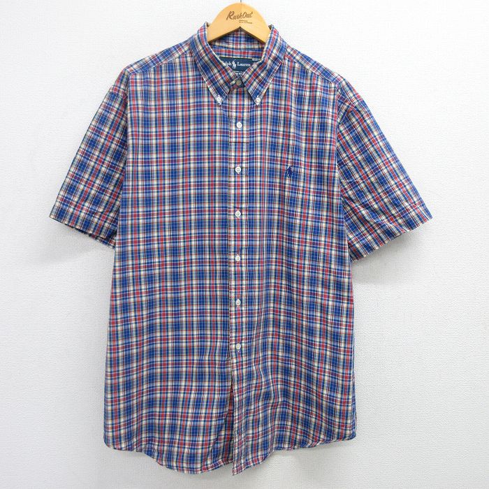 XL★古着 ラルフローレン Ralph Lauren 半袖 ブランド シャツ メンズ 90年代 90s ワンポイントロゴ 大きいサイズ コットン ボタンダウン 紺他 ネイビー チェック 25apr25 中古 トップス