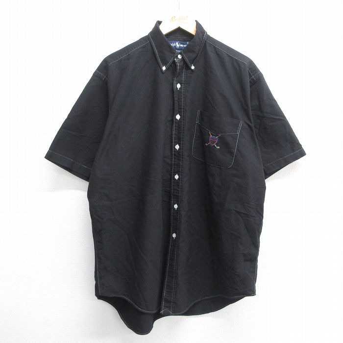 XL★古着 ラルフローレン Ralph Lauren 半袖 ブランド シャツ メンズ 90年代 90s ワンポイントロゴ ゴルフ 大きいサイズ ロング丈 コットン ボタンダウン 黒 ブラック 【spe】 25apr25 中古 トップス
