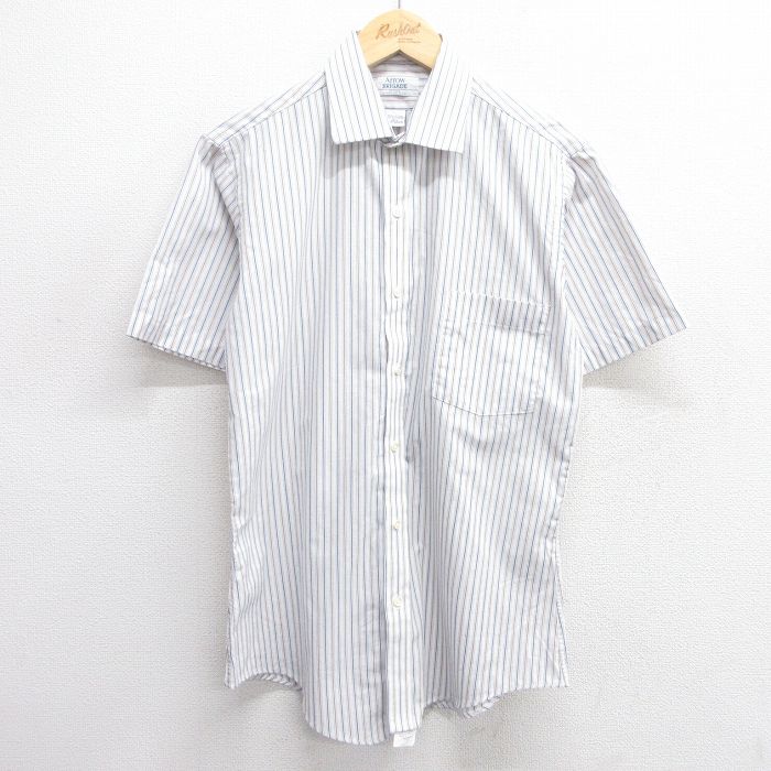 M★古着 アロー 半袖 シャツ メンズ 90年代 90s USA製 紺他 ネイビー ストライプ 25apr25 中古 トップス