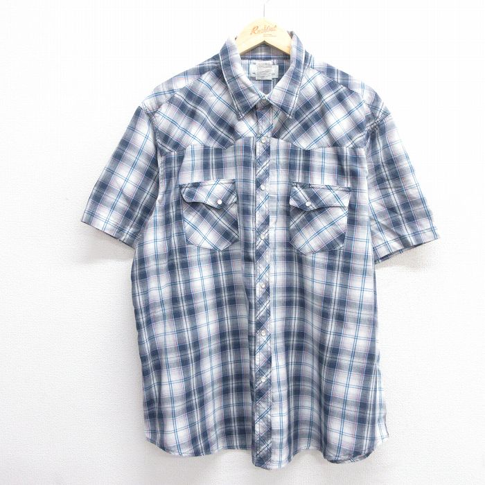 XL★古着 ラングラー Wrangler 半袖 ウエスタン シャツ メンズ 大きいサイズ 紺他 ネイビー チェック 25apr25 中古 トップス