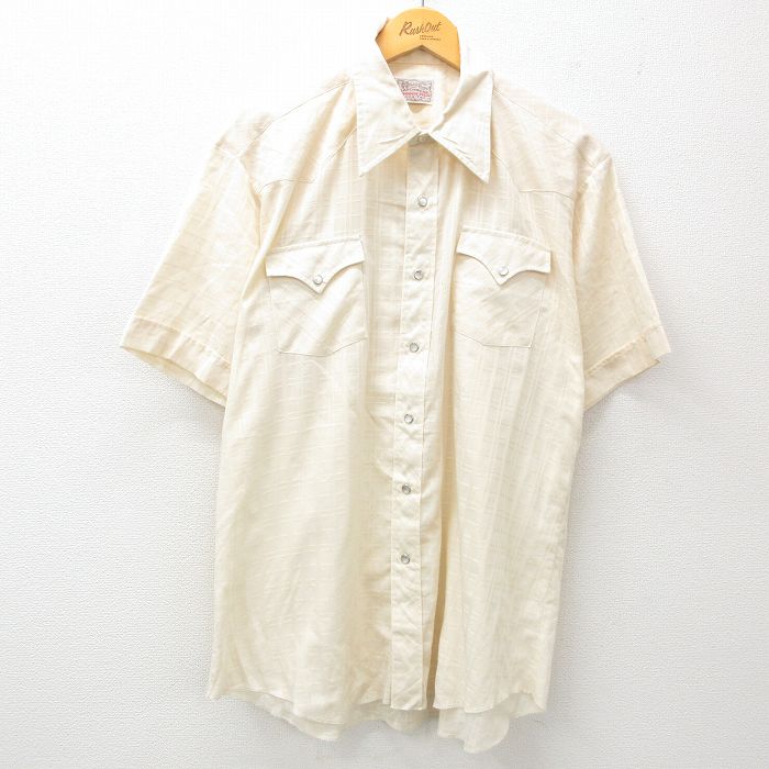 XL★古着 H BAR C 半袖 ウエスタン シャツ メンズ 90年代 90s 大きいサイズ ロング丈 USA製 薄黄系 イエロー チェック 25apr26 中古 トップス