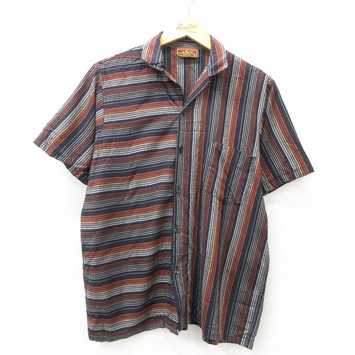 M★古着 半袖 シャツ メンズ 90年代 90s 黒他 ブラック ストライプ 25apr26 中古 トップス