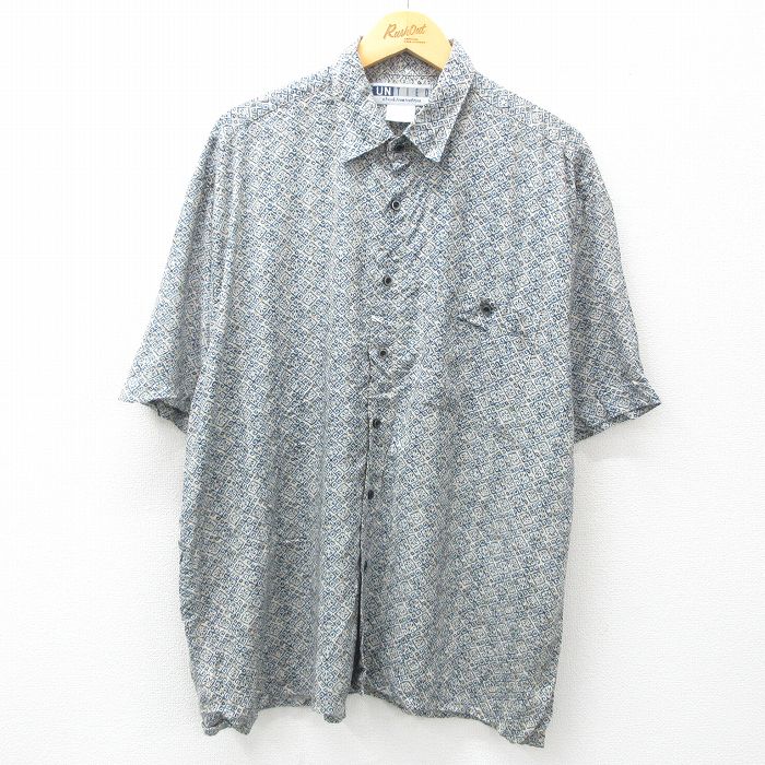 XL★古着 半袖 シャツ メンズ 総柄 レーヨン 紺他 ネイビー 25apr26 中古 トップス