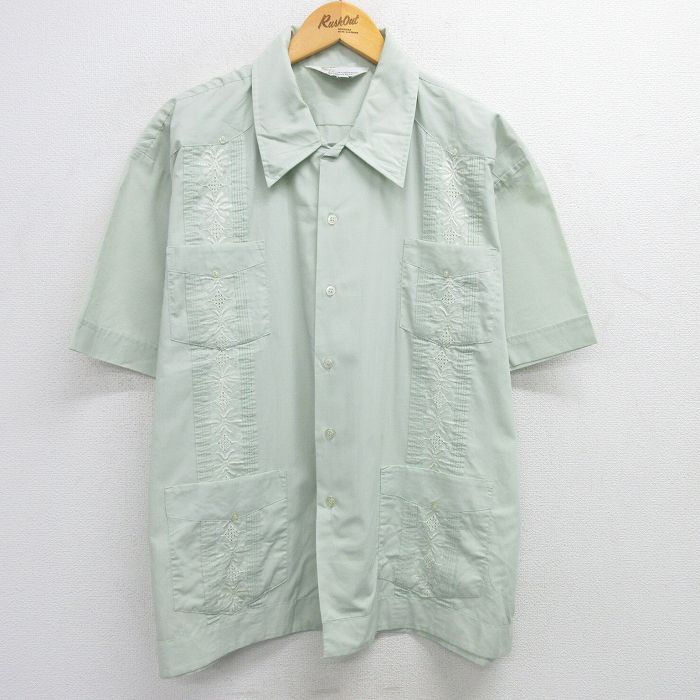 XL★古着 半袖 キューバ シャツ メンズ 80年代 80s 刺繍 大きいサイズ 緑 グリーン 25apr26 中古 トップス
