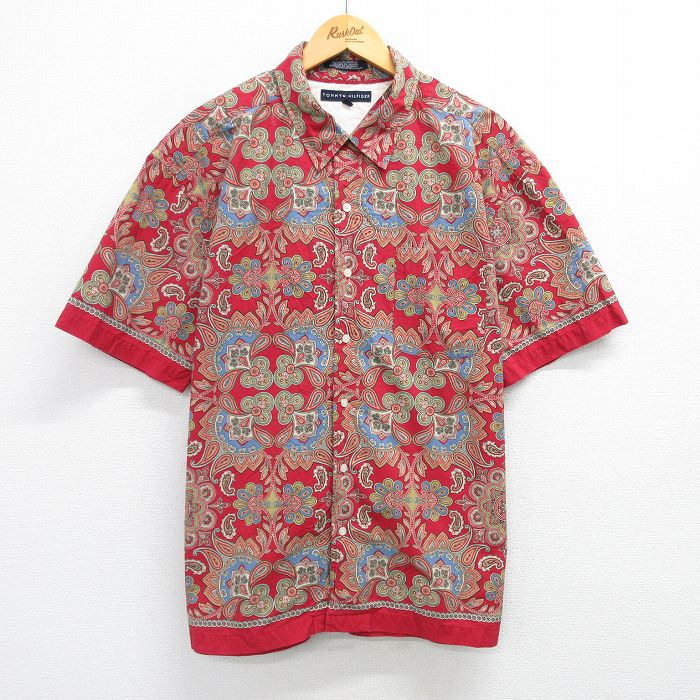 XL★古着 トミーヒルフィガー TOMMY HILFIGER 半袖 ブランド シャツ メンズ 花柄 ペイズリー柄 大きいサイズ コットン ボタンダウン 赤他 レッド 25apr26 中古 トップス