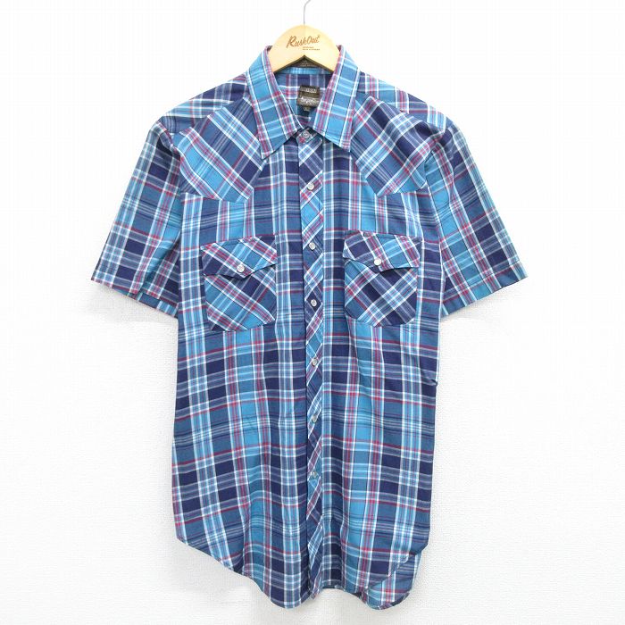 L★古着 半袖 ウエスタン シャツ メンズ 80年代 80s ロング丈 紺他 ネイビー チェック 25apr26 中古 トップス