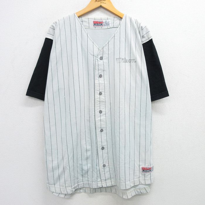 XL★古着 ウィルソン 半袖 ベースボール シャツ メンズ 00年代 00s ワンポイントロゴ ロング丈 コットン 黒他 ブラック ストライプ 【spe】 25apr26 中古 トップス