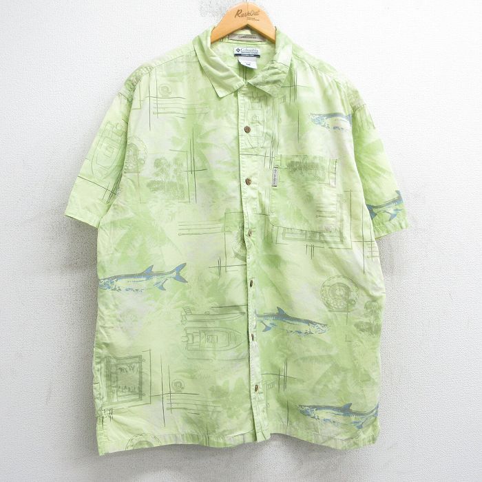 XL★古着 コロンビア COLUMBIA 半袖 シャツ メンズ 00年代 00s 魚 ヤシの木 総柄 コットン 黄緑他 25apr26 中古 トップス