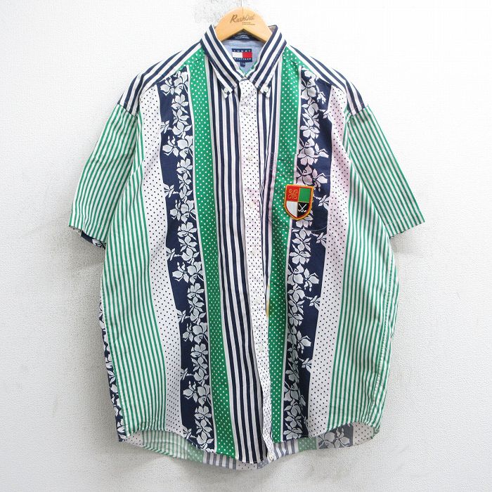 XL★古着 トミーヒルフィガー TOMMY HILFIGER 半袖 ブランド シャツ メンズ 90年代 90s 花 大きいサイズ ロング丈 コットン ボタンダウン 白他 ホワイト 【spe】 25apr26 中古 トップス