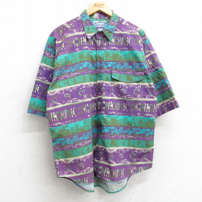 L★古着 半袖 シャツ メンズ 00年代 00s 総柄 コットン 紫他 パープル 25apr26 中古 トップス