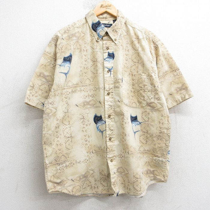 【50%OFF】XL★古着 ピューリタン 半袖 シャツ メンズ 00年代 00s 魚 総柄 コットン ボタンダウン ベージュ他 カーキ 25apr26 中古 トップス