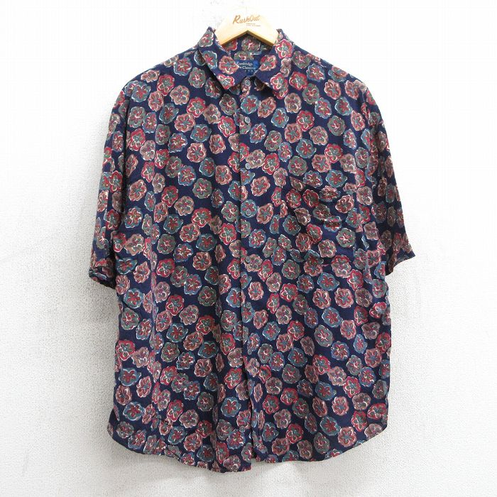 XL★古着 半袖 シャツ メンズ 90年代 90s 花柄 レーヨン 紺他 ネイビー 25apr26 中古 トップス