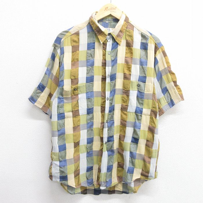 L★古着 半袖 シャツ メンズ 90年代 90s パッチワーク フランス製 ベージュ カーキ チェック 【spe】 25apr28 中古 トップス