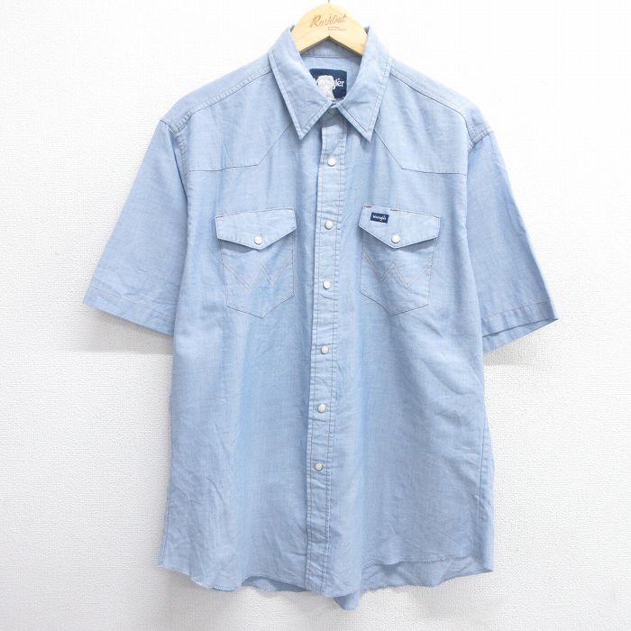 XL★古着 ラングラー Wrangler 半袖 ウエスタン シャツ メンズ 薄紺 ネイビー 25apr28 中古 トップス