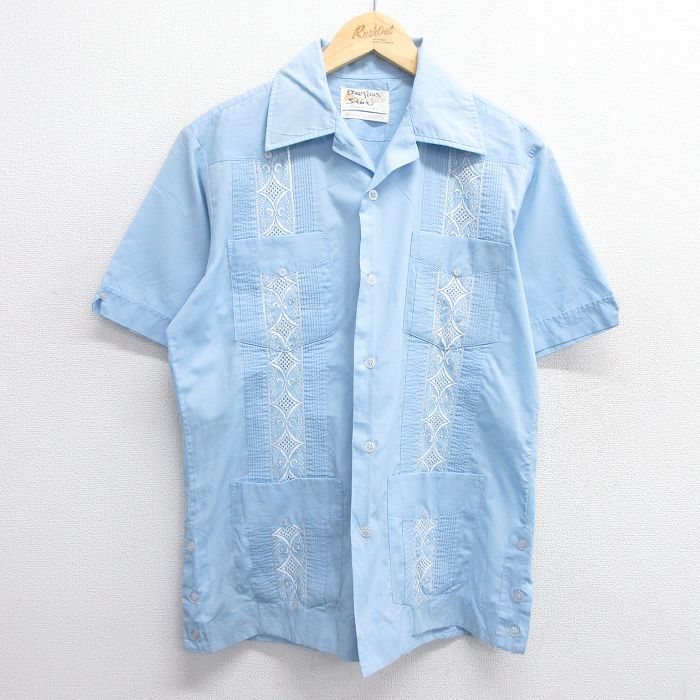 M★古着 半袖 キューバ シャツ メンズ 90年代 90s 開襟 オープンカラー 薄紺 ネイビー 25apr28 中古 トップス