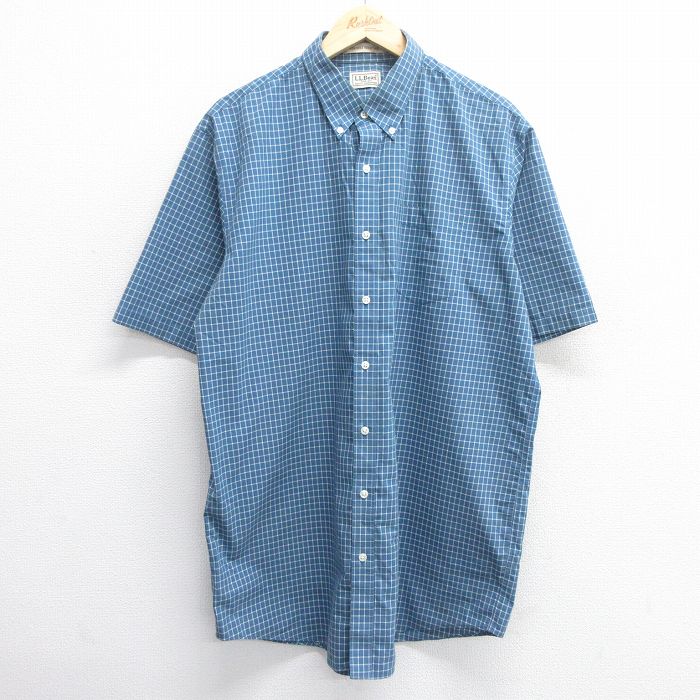 XL★古着 エルエルビーン LLBEAN 半袖 シャツ メンズ 00年代 00s ロング丈 コットン ボタンダウン 薄紺他 ネイビー チェック 25apr28 中古 トップス