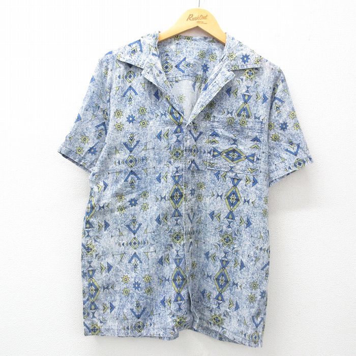 M★古着 半袖 シャツ メンズ 総柄 開襟 オープンカラー 紺 ネイビー 25apr28 中古 トップス