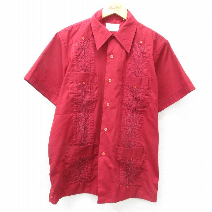 L★古着 半袖 キューバ シャツ メンズ 90年代 90s エンジ 25apr28 中古 トップス