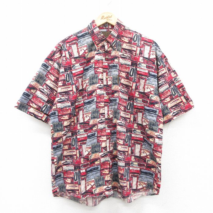 XL★古着 半袖 シャツ メンズ 魚 釣り 総柄 ボタンダウン 赤他 レッド 25apr28 中古 トップス