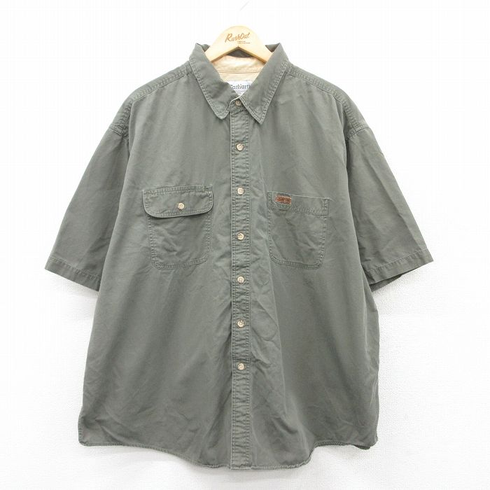 XL★古着 カーハート Carhartt 半袖 シャツ メンズ 大きいサイズ コットン 濃緑 グリーン 【spe】 25apr28 中古 トップス