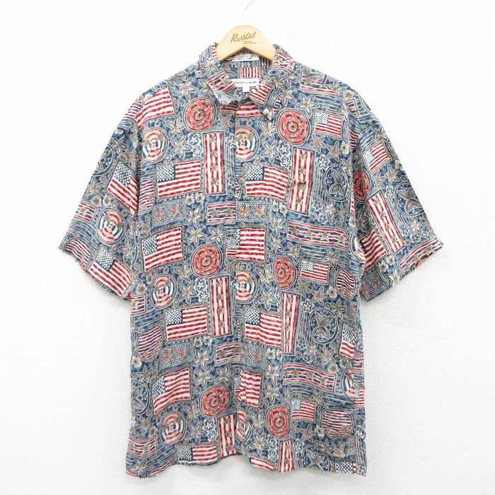 L★古着 ピエールカルダン pierre cardin 半袖 ブランド シャツ メンズ 90年代 90s 星条旗 花 総柄 レーヨン 紺他 ネイビー 25apr28 中古 トップス