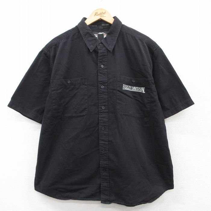 XL★古着 ハーレーダビッドソン Harley Davidson 半袖 シャツ メンズ 大きいサイズ コットン ボタンダウン 黒 ブラック 【spe】 25apr28 中古 トップス