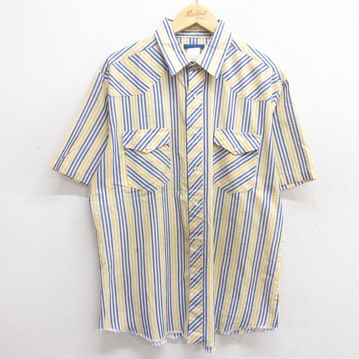 XL★古着 ラングラー Wrangler 半袖 ウエスタン シャツ メンズ 紺他 ネイビー ストライプ 25apr28 中古 トップス