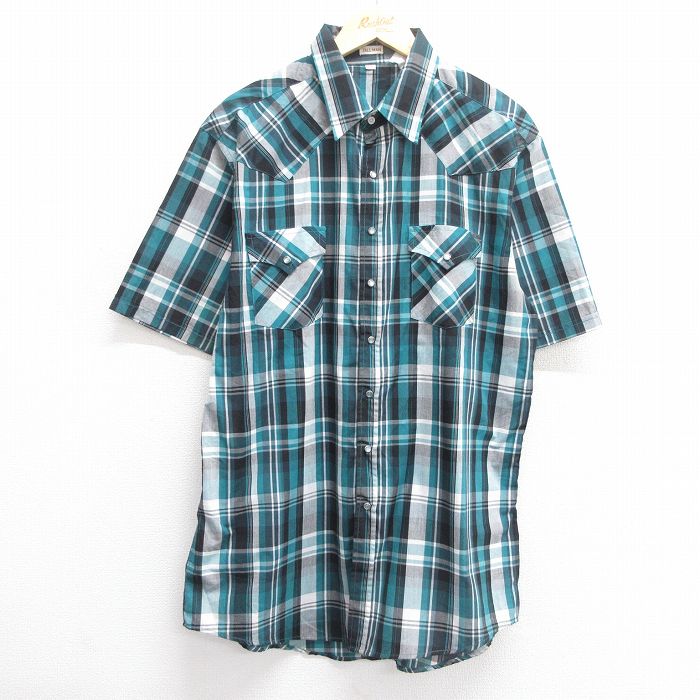 XL★古着 半袖 ウエスタン シャツ メンズ 90年代 90s ロング丈 緑他 グリーン チェック 25apr28 中古 トップス
