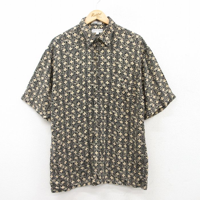 L★古着 ピエールカルダン pierre cardin 半袖 ブランド シャツ メンズ 90年代 90s 総柄 レーヨン 黒他 ブラック 25apr28 中古 トップス