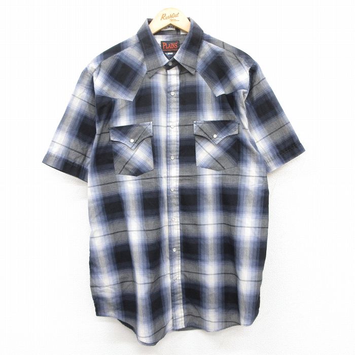 XL★古着 半袖 ウエスタン シャツ メンズ 紺他 ネイビー オンブレ チェック 25apr28 中古 トップス