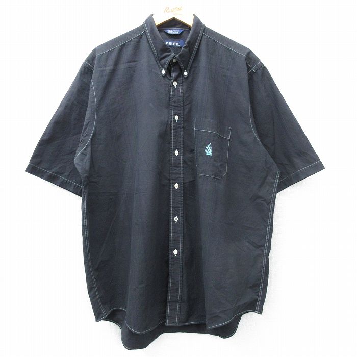 XL★古着 ノーティカ NAUTICA 半袖 ブランド シャツ メンズ 90年代 90s ワンポイントロゴ 大きいサイズ ロング丈 コットン ボタンダウン 黒他 ブラック ストライプ 25apr30 中古 トップス