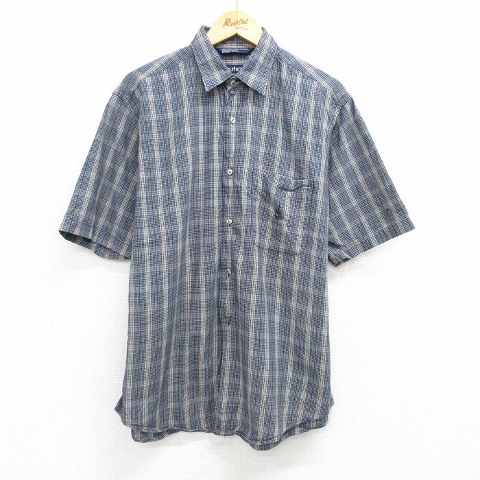 L★古着 ノーティカ NAUTICA 半袖 ブランド シャツ メンズ 90年代 90s ワンポイントロゴ コットン 濃紺他 ネイビー チェック 25apr30 中古 トップス